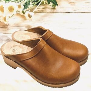 Sven OG Swedish Clog Brown Leather Low Wooden Heel Open Back Size-EU 38/US 7.5-8